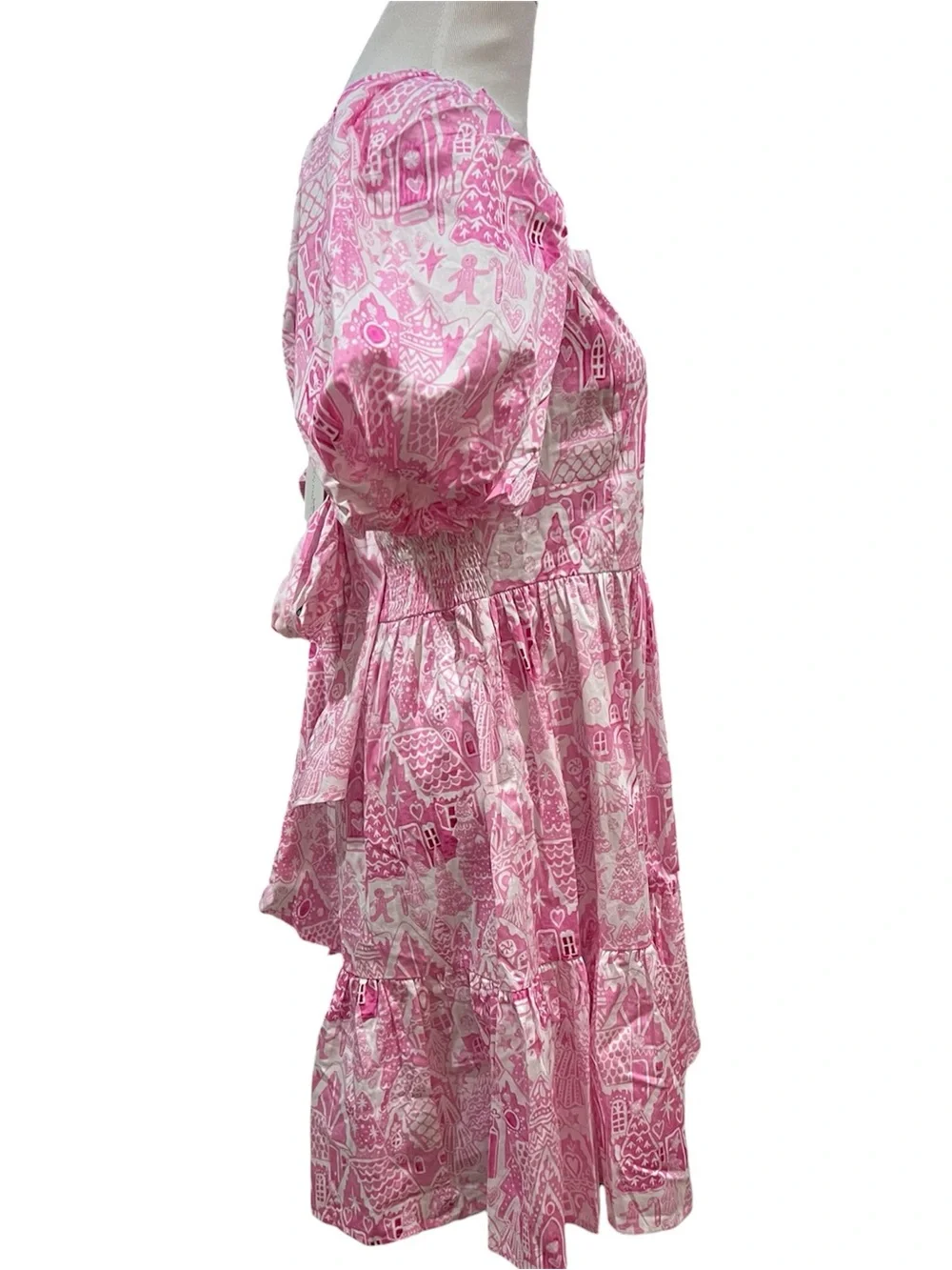 Kathleen Maeve Pink Gingerbread Print Puff Sleeve Dress Size Large NWT - Picture 3 of 5